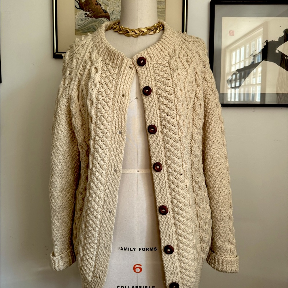 RARE Vintage Cream Wool Cableknit Cardigan M